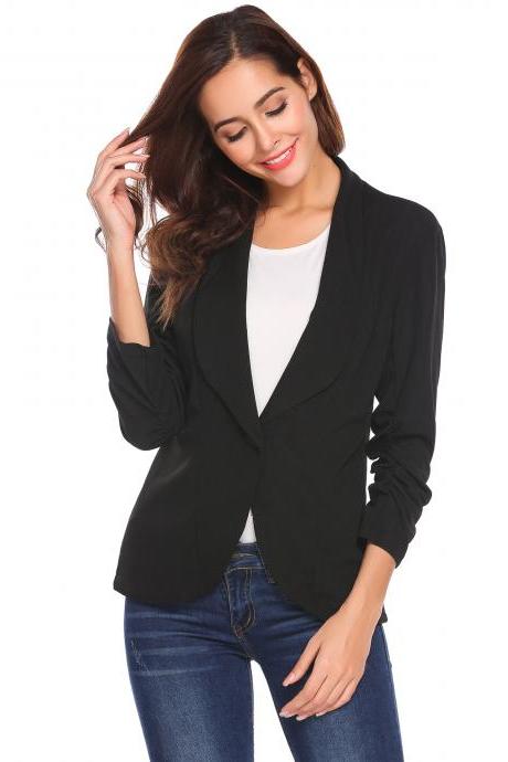  Women Slim Suit Coat 3/4 Sleeve One Button Casual Office Business Blazer Jacket Outwear black