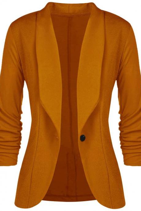 Women Slim Suit Coat 3/4 Sleeve One Button Casual Office Business Blazer Jacket Outwear Pale Yellow