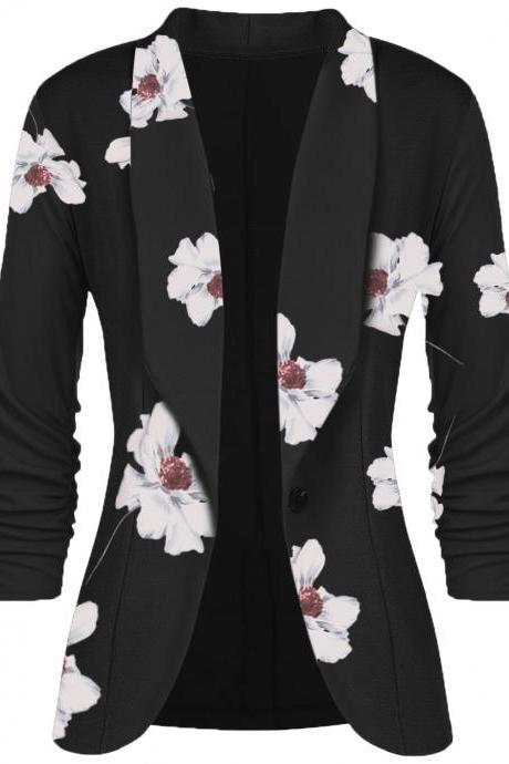  Women Slim Suit Coat 3/4 Sleeve One Button Casual Office Business Blazer Jacket Outwear floral