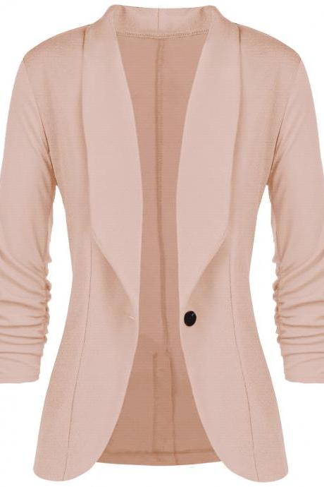  Women Slim Suit Coat 3/4 Sleeve One Button Casual Office Business Blazer Jacket Outwear khaki