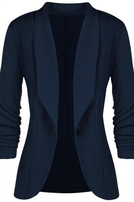  Women Slim Suit Coat 3/4 Sleeve One Button Casual Office Business Blazer Jacket Outwear navy blue