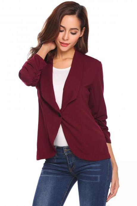  Women Slim Suit Coat 3/4 Sleeve One Button Casual Office Business Blazer Jacket Outwear wine red