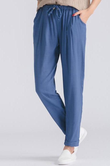 Women Casual Harem Pants Drawstring Elastic Waist Ankle Length Slim Long Trousers blue