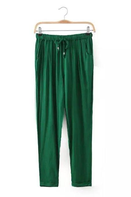  Women Casual Harem Pants Drawstring Elastic Waist Ankle Length Slim Long Trousers green