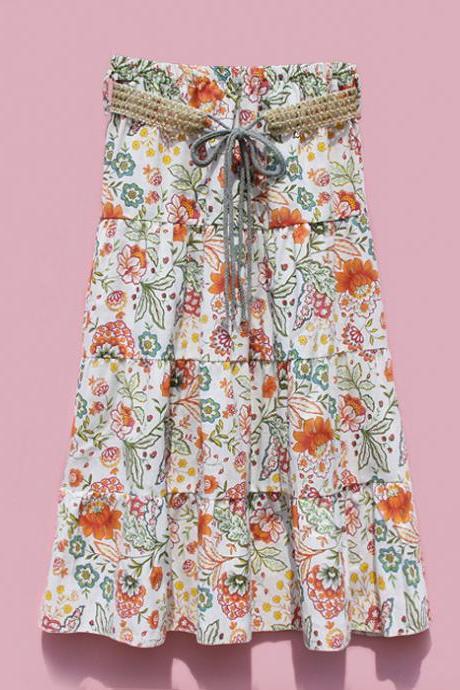 Bohemian Women Midi Skirt Summer Beach Floral Print Belted High Waist Boho Skirt1#