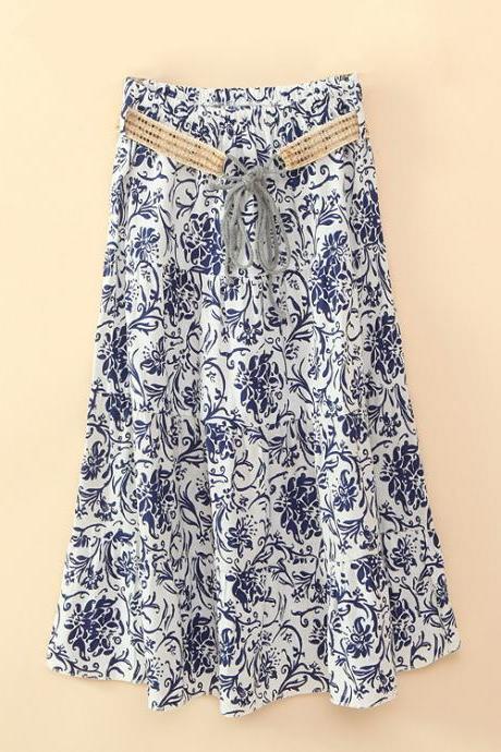 Bohemian Women Midi Skirt Summer Beach Floral Print Belted High Waist Boho Skirt2#