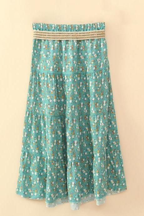 Bohemian Women Midi Skirt Summer Beach Floral Print Belted High Waist Boho Skirt3#