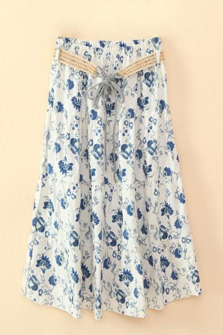 Bohemian Women Midi Skirt Summer Beach Floral Print Belted High Waist Boho Skirt4#