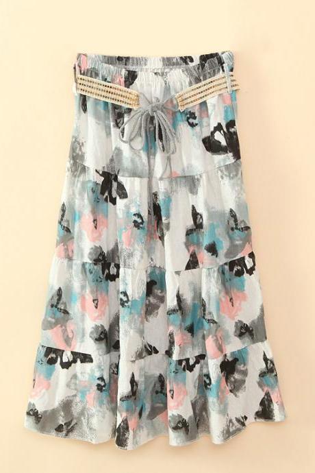 Bohemian Women Midi Skirt Summer Beach Floral Print Belted High Waist Boho Skirt 5#