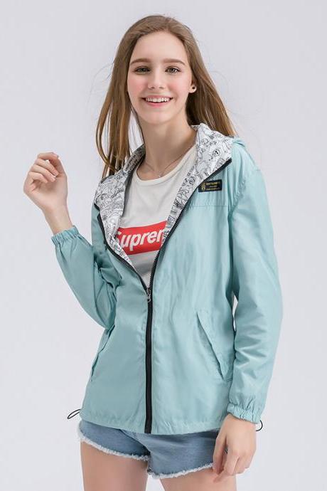 Women Bomber Basic Jacket Spring Fall Pocket Zipper Hooded Two Side Wear Cartoon Print Outwear Loose Coat Aqua