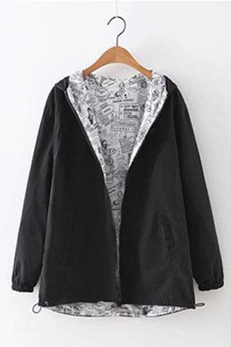 Women Bomber Basic Jacket Spring Fall Pocket Zipper Hooded Two Side Wear Cartoon Print Outwear Loose Coat Black