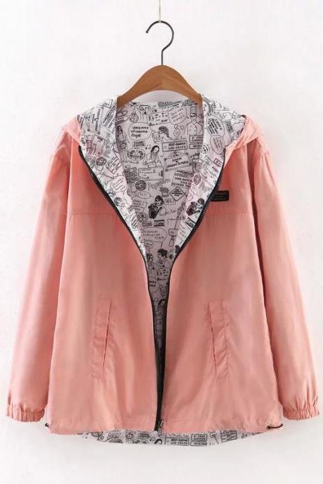 Women Bomber Basic Jacket Spring Fall Pocket Zipper Hooded Two Side Wear Cartoon Print Outwear Loose Coat Pink