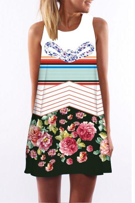 Women Casual Floral Printed Dress Sleeveless Boho Summer Beach Mini Sundress 2#