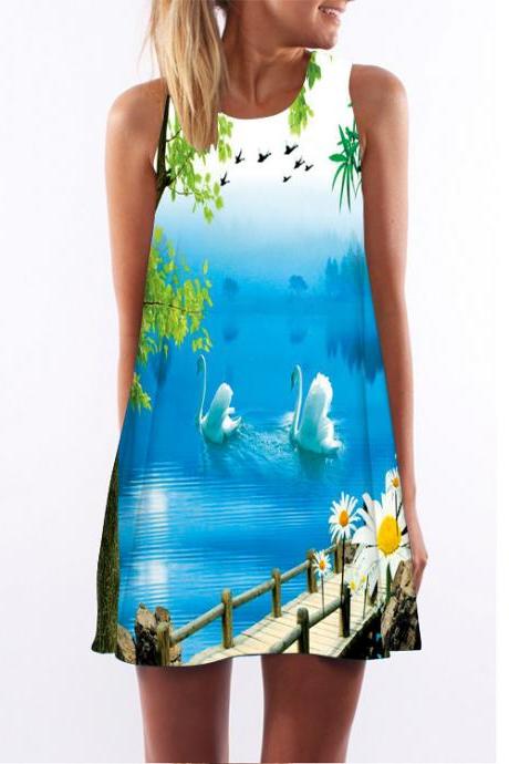 Women Casual Floral Printed Dress Sleeveless Boho Summer Beach Mini Sundress19#