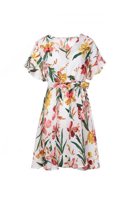 Women Floral Printed Casual Dress Summer Beach V Neck Short Sleeve Belted Boho Mini Dress off white