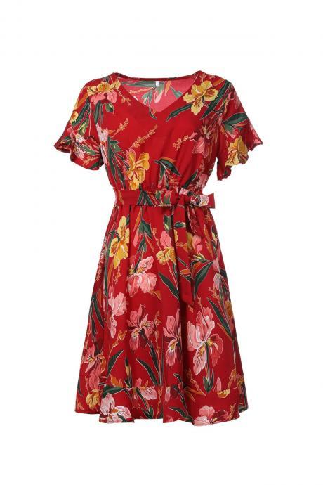  Women Floral Printed Casual Dress Summer Beach V Neck Short Sleeve Belted Boho Mini Dress red