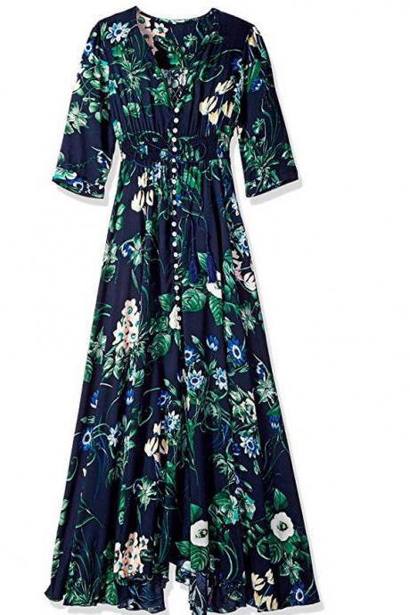 Boho Maxi Dress Women Summer Beach V Neck Short Sleeve Split Floral Printed Long Party Dress navy blue half sleeve