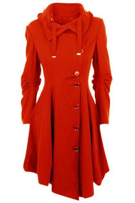Women Asymmetric Woolen Coat Long Sleeve Turn-down Collar Single Breasted Slim Fall Winter Jacket Overcoat Red