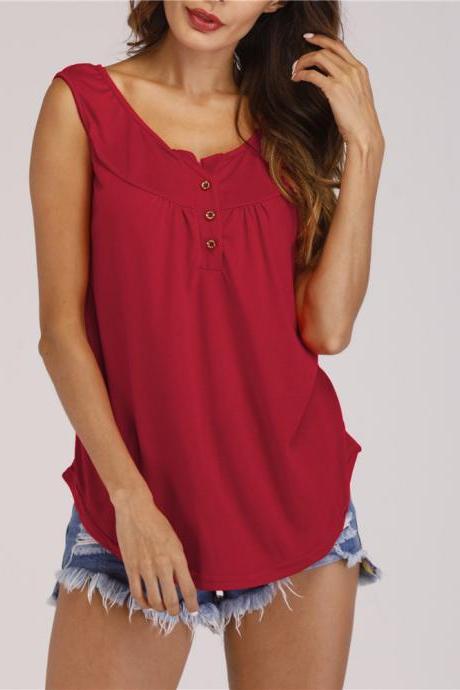 Women Tank Tops Button Solid Summer Cusual Loose Plus Size Sleeveless T-Shirt red