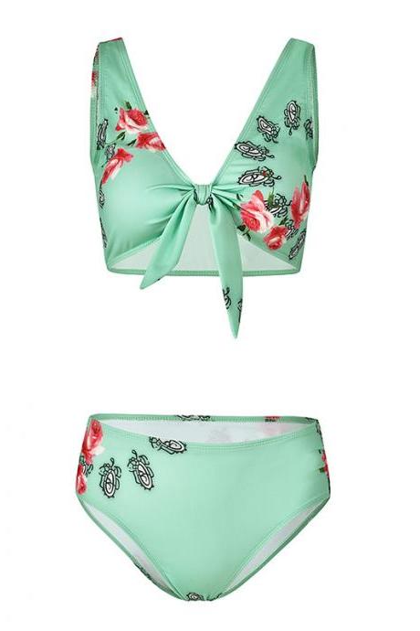 Women Floral Printed Bikini Set Summer Beach High Waisted Bow Swimsuit Swimwear Bathing Suit 7925-3