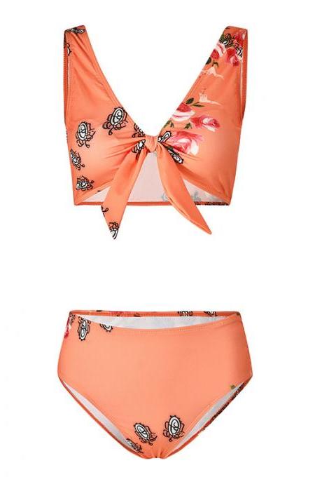 Women Floral Printed Bikini Set Summer Beach High Waisted Bow Swimsuit Swimwear Bathing Suit 7925-4