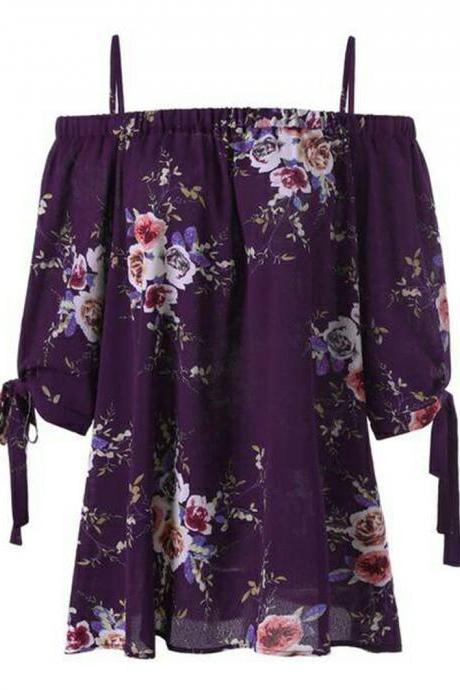 Women Off Shoulder Tops Short Sleeve Boho Summer Casual Loose Plus Size Floral Print T Shirt purple
