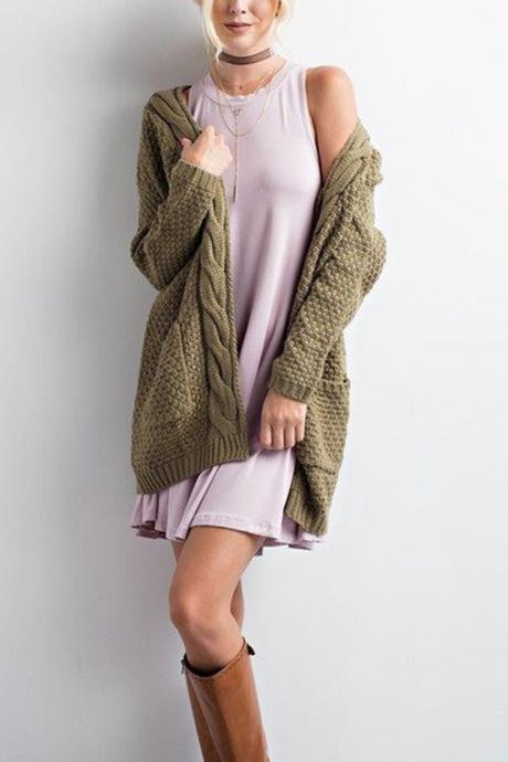 Women Long Knitted Cardigan Long Sleeve Pockets Sweater Autumn Loose Open Stitch Coat army green