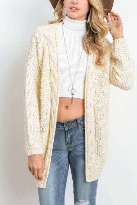 Women Long Knitted Cardigan Long Sleeve Pockets Sweater Autumn Loose Open Stitch Coat cream