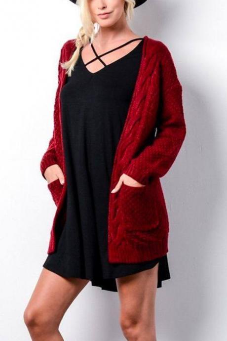 Women Long Knitted Cardigan Long Sleeve Pockets Sweater Autumn Loose Open Stitch Coat crimson