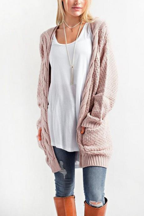 Women Long Knitted Cardigan Long Sleeve Pockets Sweater Autumn Loose Open Stitch Coat pink