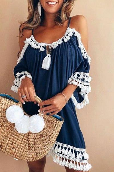 Boho Dress Spaghetti Strap 3/4 Sleeve Plus Size Summer Beach Loose Casual Tassel Women Mini Dress Blue
