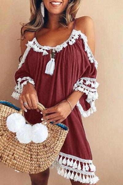 Boho Dress Spaghetti Strap 3/4 Sleeve Plus Size Summer Beach Loose Casual Tassel Women Mini Dress Burgundy