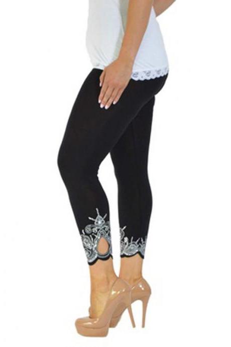 Women Leggings Floral Lace Hollow Out Slim Skinny Casual Plus Size Pencil Pants Black