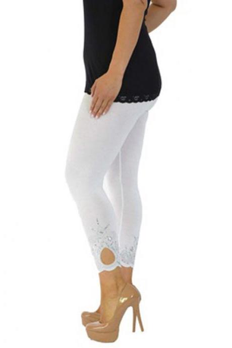 Women Leggings Floral Lace Hollow Out Slim Skinny Casual Plus Size Pencil Pants Off White
