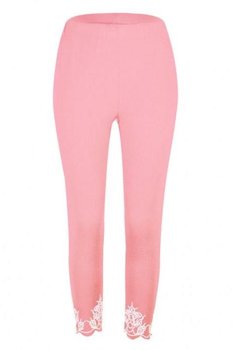 Women Leggings Floral Lace Hollow Out Slim Skinny Casual Plus Size Pencil Pants Pink