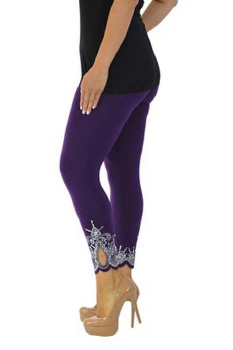  Women Leggings Floral Lace Hollow Out Slim Skinny Casual Plus Size Pencil Pants purple