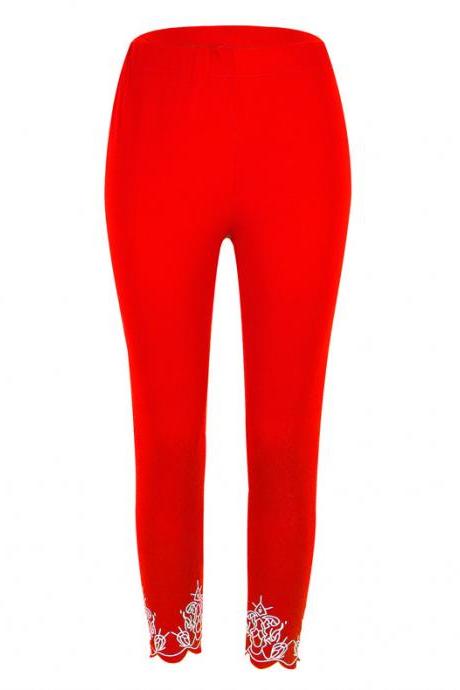 Women Leggings Floral Lace Hollow Out Slim Skinny Casual Plus Size Pencil Pants Red
