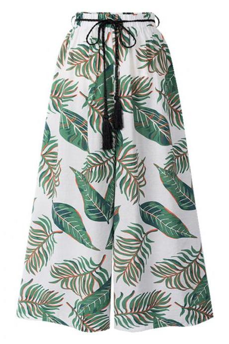 Women Floral Leaf Print Wide Leg Pants Belted High Waist Summer Beach Loose Casual Trousers 1#