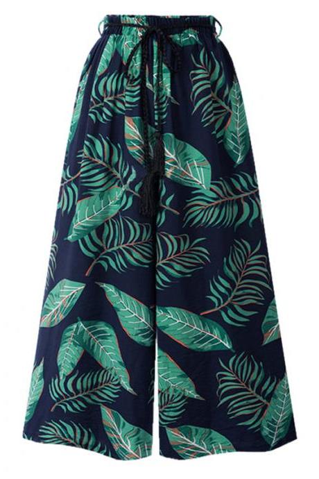  Women Floral Leaf Print Wide Leg Pants Belted High Waist Summer Beach Loose Casual Trousers 2#
