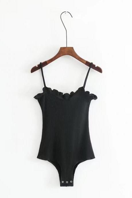 Women Bodysuit Sexy Spaghetti Strap Rompers Stringy Selvedge Summer Beach Bodycon Jumpsuit Vest black