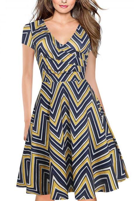 Women Floral Print Casual Dress V Neck Short Sleeve Work Business Office A Line Party Dress5#