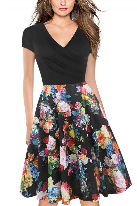 Women Floral Print Casual Dress V Neck Short Sleeve Work Business Office A Line Party Dress 14#