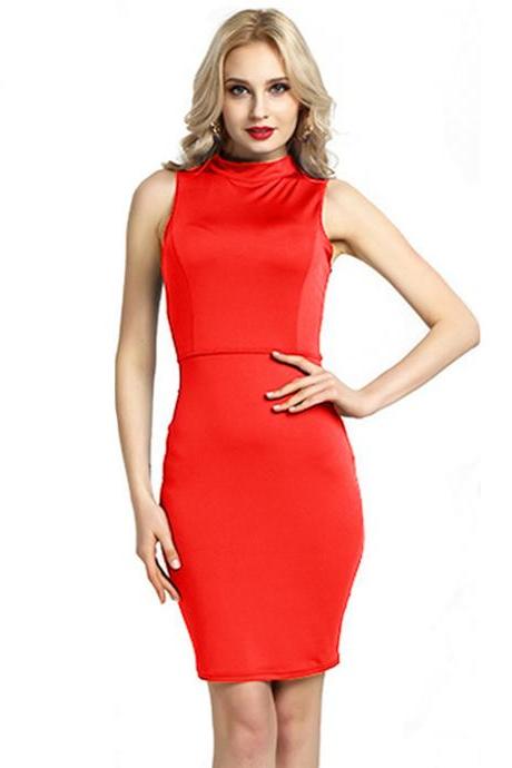 Women Pencil Dress Open Back High Neck Sleeveless Casual Bodycon Short Club Party Dress red
