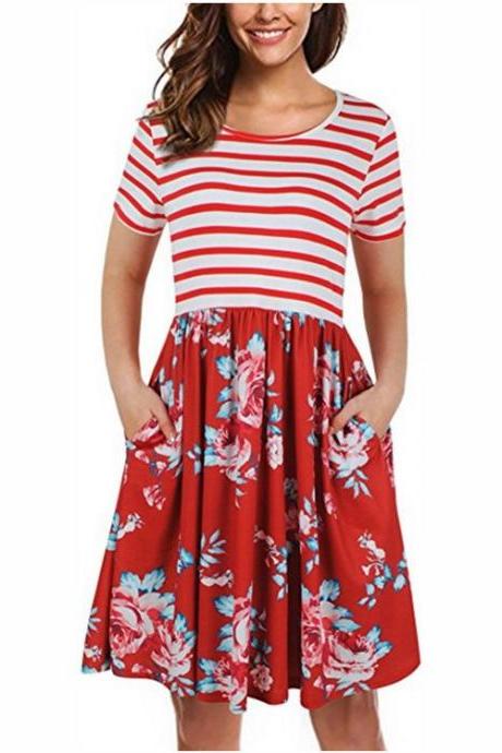 Women Floral Printed Casual Dress Short Sleeve Striped Patchwork Pocket Summer Beach Boho Dress red