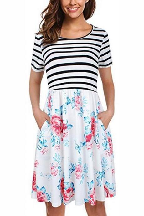 Women Floral Printed Casual Dress Short Sleeve Striped Patchwork Pocket Summer Beach Boho Dress off white 1#
