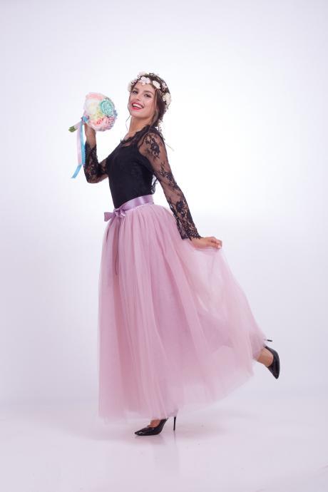 6 Layers Tulle Skirt Summer Maxi Long Muslim Skirt Womens Elastic Waist Lolita Tutu Skirts Dusty Pink