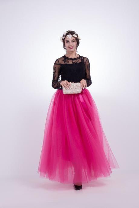 6 Layers Tulle Skirt Summer Maxi Long Muslim Skirt Womens Elastic Waist Lolita Tutu Skirts Hot Pink