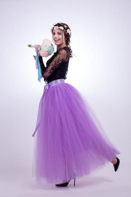 6 Layers Tulle Skirt Summer Maxi Long Muslim Skirt Womens Elastic Waist Lolita Tutu Skirts Lavender