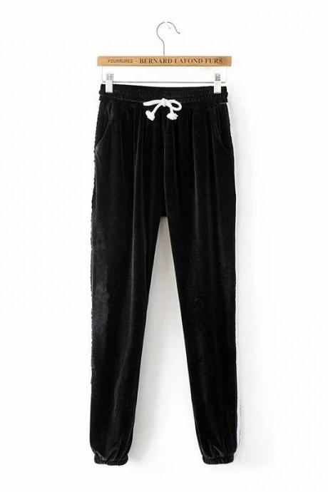 Sweatpants Women Sport Pants Joggers Casual Harlan Yoga Gym Side Striped Pleuche Drawstring High Waist Lady Femme Trousers black