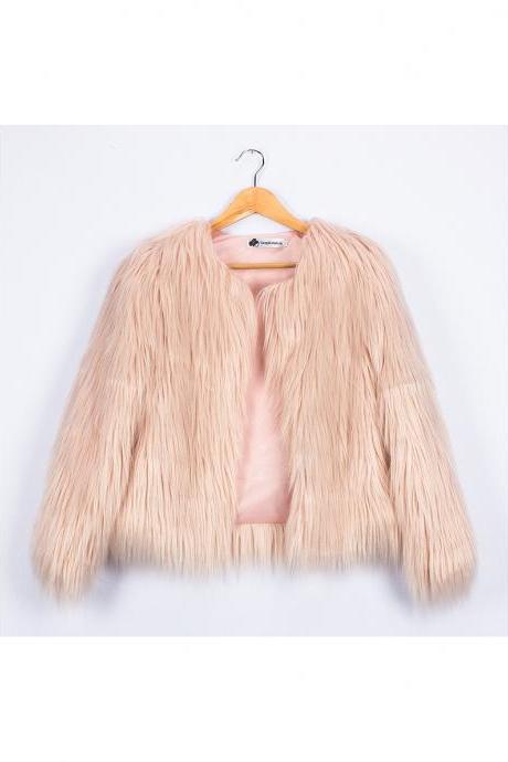 Plus Size 4XL Women Fluffy Faux Fur Coats Long Sleeve Winter Warm Jackets Female Outerwear light pink